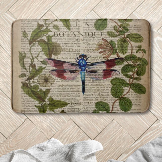 Französische botanische Blätter moderne Vintage Li Badematte (french botanical leaves modern vintage dragonfly bath mat)