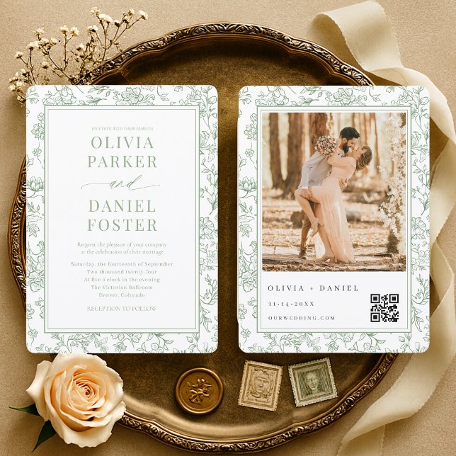 Französische botanische Foto-QR-Code-Hochzeit  Einladung (Von Creator hochgeladen)