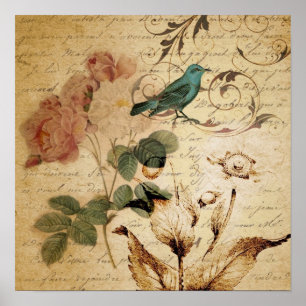 französische botanische Rose viktorianischer Vogel Poster