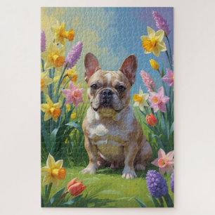 Französische Bulldog-Frühlingsblumen Malerei