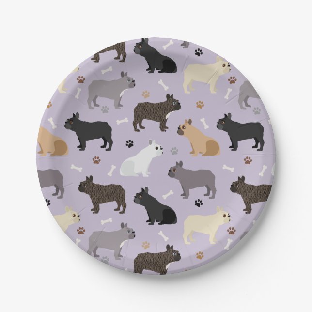 Französische Bulldog-Knochen und -Paare Lila Pappteller (Vorderseite)