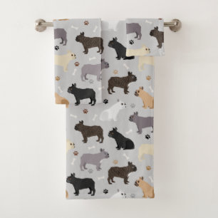 Französische Bulldog-Knochen und Paws Grau Badhandtuch Set