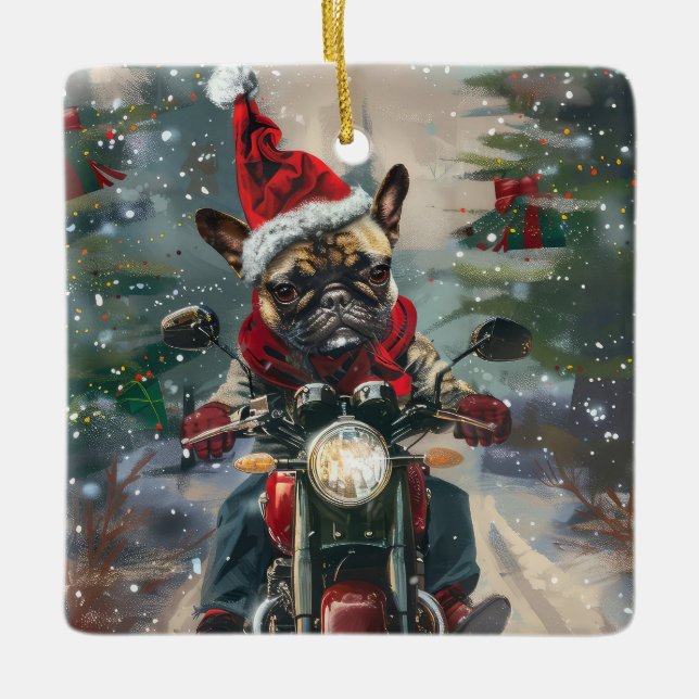 Französische Bulldog-Motorrad-Weihnachten Keramikornament (Vorderseite)