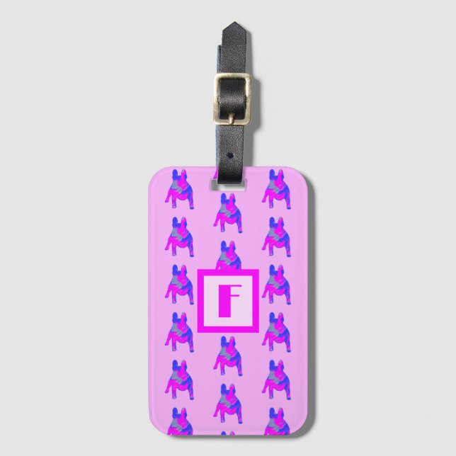 Französische Bulldog-Silhouette Pink & Blue Monogr Gepäckanhänger (Vorderseite Vertikal)