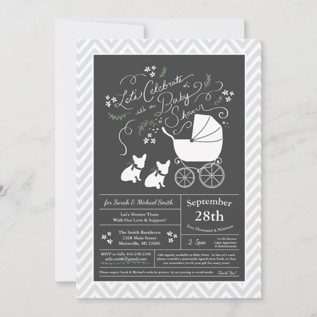Französische Bulldog Themenparty - Babydusche neut Einladung (Vorderseite)