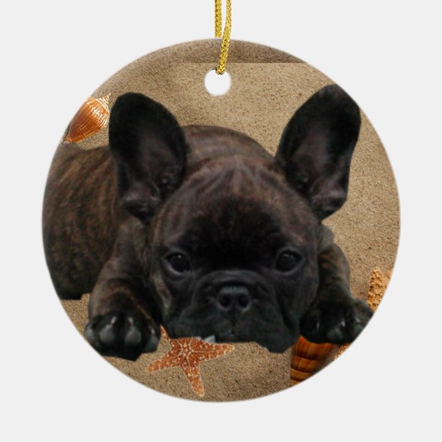 Französische Bulldogge am Strand French Bulldog  Keramik Ornament (Vorne)