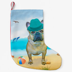 Französische Bulldogge am Strand Kleiner Weihnachtsstrumpf