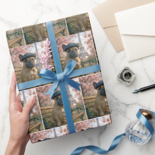 Französische Bulldogge auf einer Pariser Parkbank Geschenkpapier