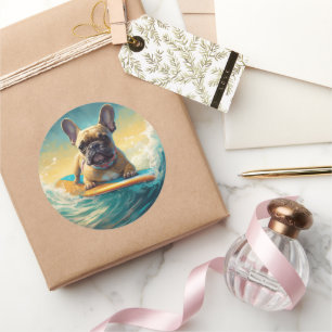 Französische Bulldogge Beach Surfen Malerei Runder Aufkleber