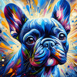 Französische Bulldogge Blau Acryl Druck   Bunt