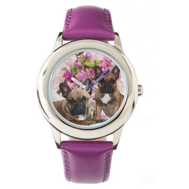 Französische Bulldogge Blumen French Bulldog Feier Armbanduhr (Vorderseite)