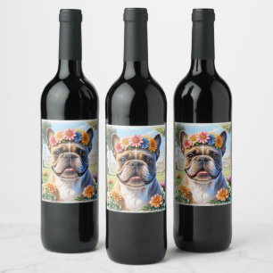 Französische Bulldogge Blumenkranz French Bulldog Weinetikett