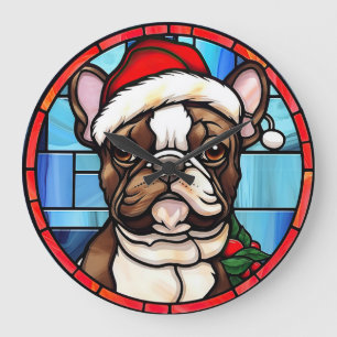 Französische Bulldogge Buntglas Weihnachten Große Wanduhr