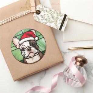 Französische Bulldogge Buntglas Weihnachten Runder Aufkleber