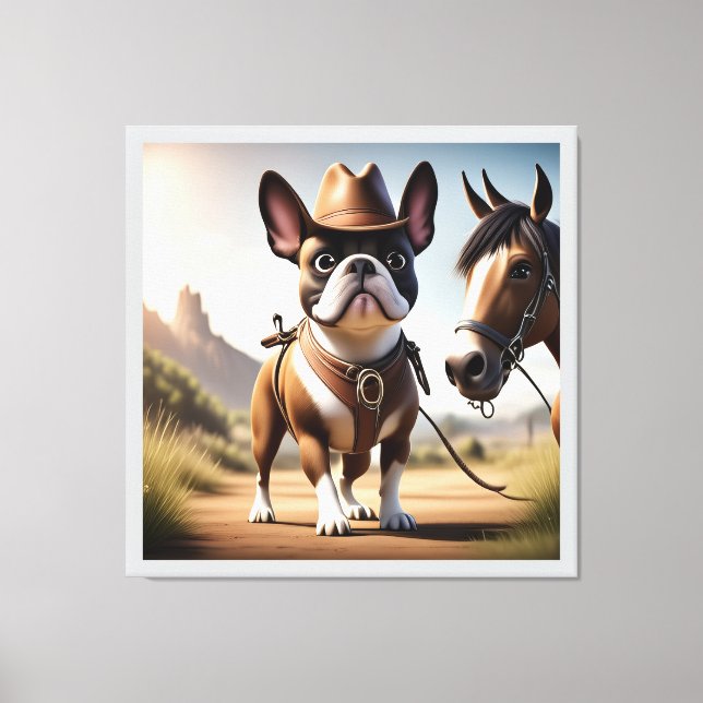Französische Bulldogge Cowboy mit Pferd Leinwanddruck (Vorderseite)