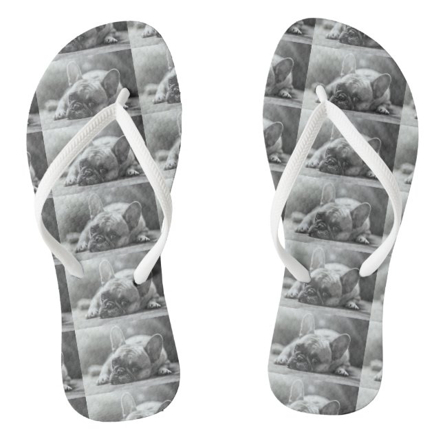 Französische Bulldogge drehen Reinfälle um Flip Flops (Fußbett)