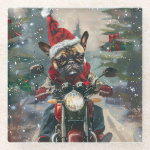 Französische Bulldogge fährt Motorrad Weihnachten Glasuntersetzer