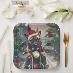 Französische Bulldogge fährt Motorrad Weihnachten Pappteller