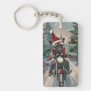 Französische Bulldogge fährt Motorrad Weihnachten Schlüsselanhänger