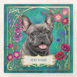 Französische Bulldogge Florale Botanische Glasunte Glasuntersetzer
