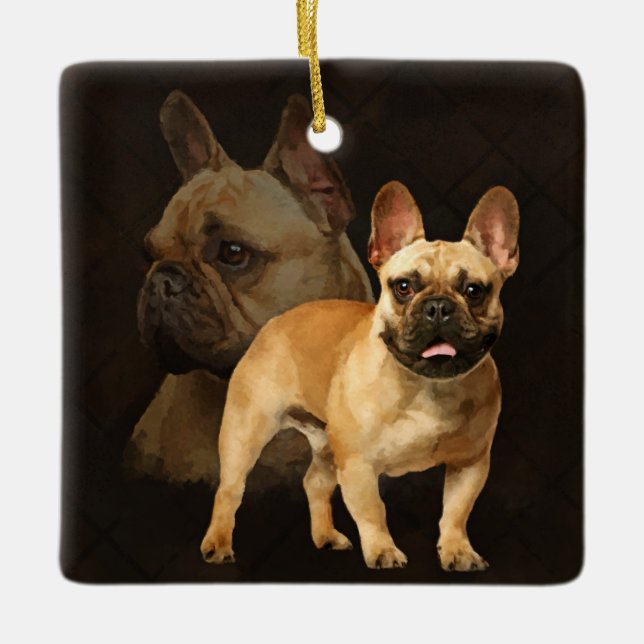 Französische Bulldogge - Frenchie - Brown kariert Keramikornament (Vorderseite)