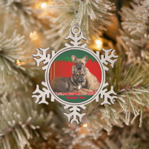 Französische Bulldogge Frohe Weihnachten Bulldog Schneeflocken Zinn-Ornament
