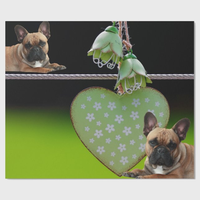 Französische Bulldogge Grünes Herz French Bulldog Geschenkpapier (Flach)