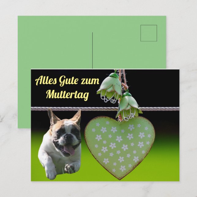 Französische Bulldogge Grünes Herz French Bulldog Postkarte (Vorne/Hinten)