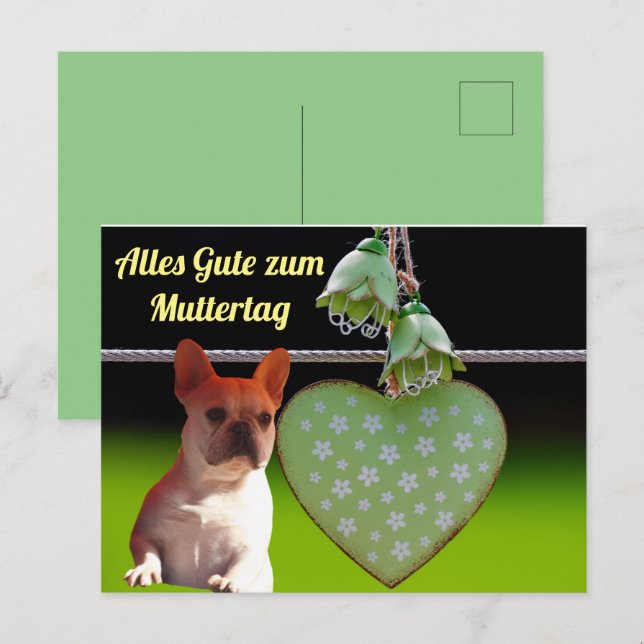 Französische Bulldogge Grünes Herz French Bulldog Postkarte (Vorne/Hinten)
