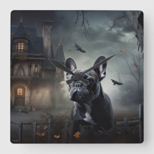 Französische Bulldogge Halloween Gruselig Quadratische Wanduhr