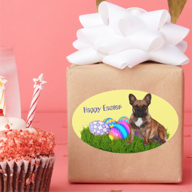 Französische Bulldogge Happy Easter French Bulldog Ovaler Aufkleber (Party)