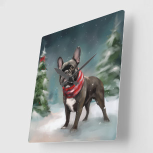 Französische Bulldogge im Schnee Weihnachten Quadratische Wanduhr
