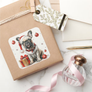 Französische Bulldogge im Weihnachtsmannanzug mit Quadratischer Aufkleber