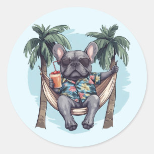 Französische Bulldogge in hawaiianischem Oberteil Runder Aufkleber