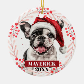 Französische Bulldogge in Santa-Mütze Weihnachtsba Keramik Ornament