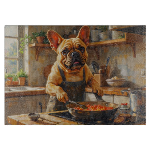 Französische Bulldogge kocht in der Küche Schneidebrett