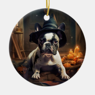 Französische Bulldogge Kürbisse Halloween Gruselig Keramik Ornament