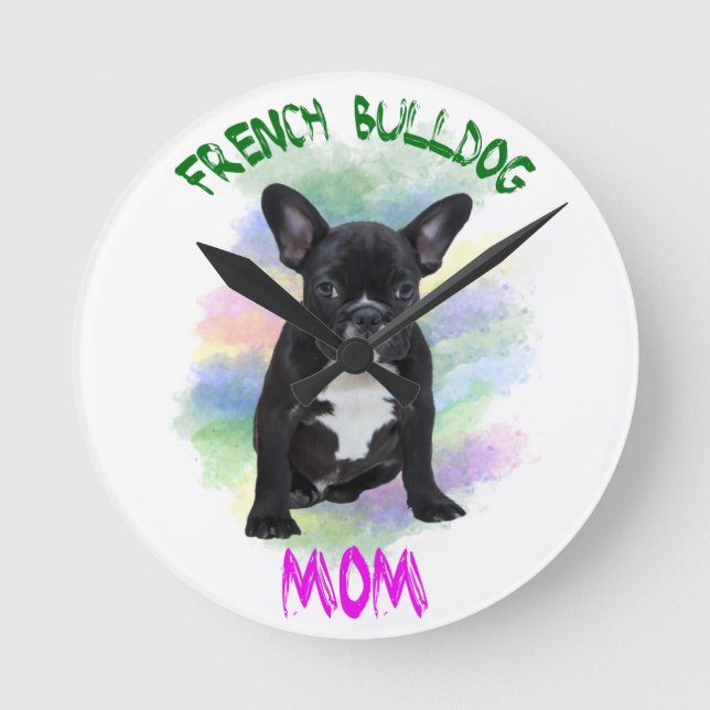 Französische Bulldogge Mama Aquarellmalerei Art Runde Wanduhr (Vorderseite)