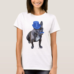 Französische Bulldogge mit blauen Zylinder und de T-Shirt