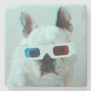 Französische Bulldogge mit Gläsern 3D Steinuntersetzer