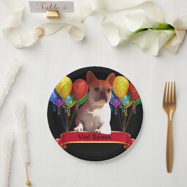 Französische Bulldogge mit Luftballons Pappteller (Hochzeit)
