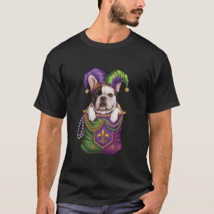 Französische Bulldogge mit Narrenhut in Mardi-Gras T-Shirt