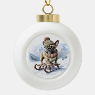 Französische Bulldogge Schlittenfahrt Bulldog Keramik Kugel-Ornament