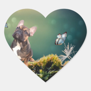 Französische Bulldogge Schmetterling French Bulldo Herz-Aufkleber