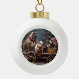 Französische Bulldogge Schneebedeckter Schlitten W Keramik Kugel-Ornament