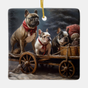 Französische Bulldogge Schneebedeckter Schlitten W Keramikornament