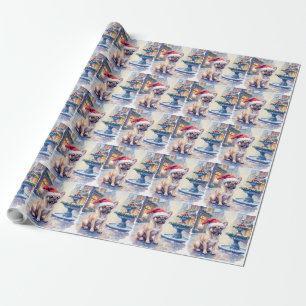 Französische Bulldogge Schneestadt Brunnen Santa W Geschenkpapier