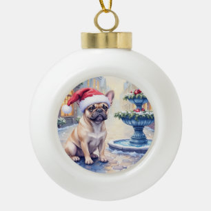 Französische Bulldogge Schneestadt Brunnen Santa W Keramik Kugel-Ornament
