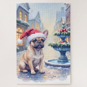 Französische Bulldogge Schneestadt Brunnen Weihnac