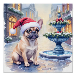 Französische Bulldogge Schneestadt Brunnen Weihnac Poster
